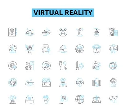 Virtual reality linear icons set. Immersive, Interactive, Simulated, Digital Stock Illustration
