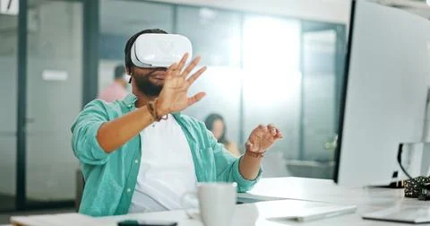 Virtual reality metaverse, augmented reality vr and black man work on cyber Stock Photos