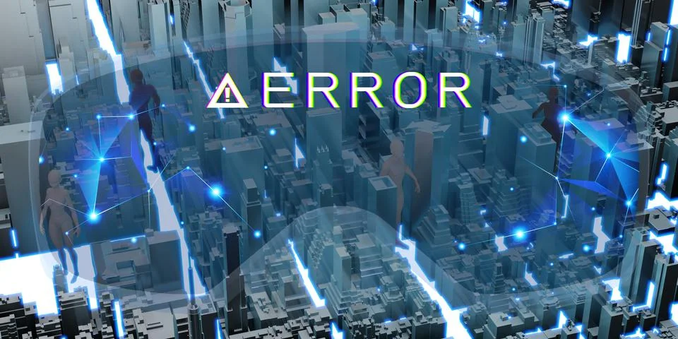 Virtual reality The Metaverse world through VR camera view Cities and people Stock Illustration
