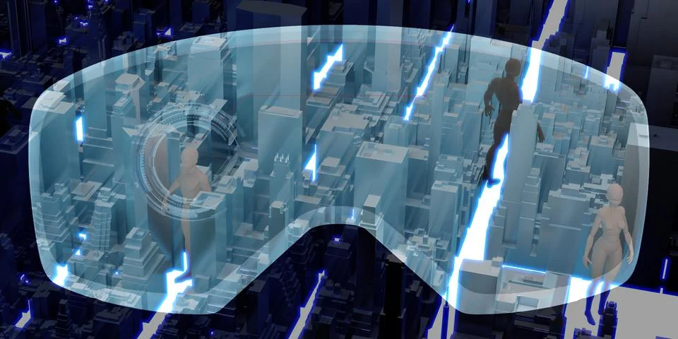 Virtual reality The Metaverse world through VR camera view Cities and people Stock Illustration