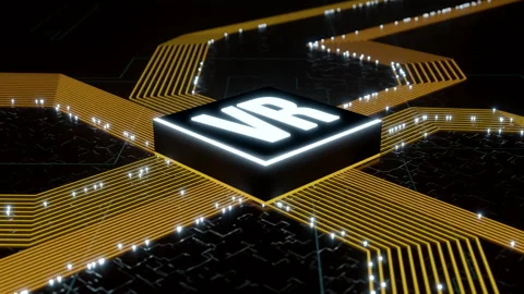 Virtual Reality microchip on golden circuit board with traces. Stock Footage 246066212