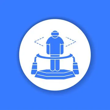 Virtual reality platform black glyph icon. Man in VR helmet gaming on platfor Illustrazione stock