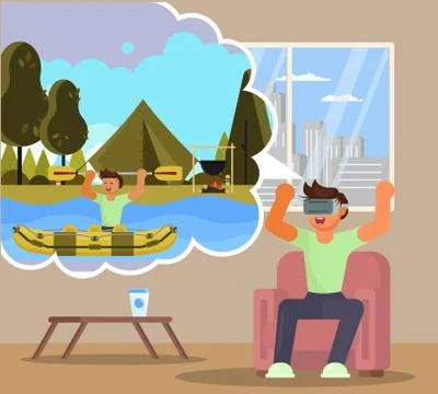 Virtual reality rafting vector flat illustration Illustrazione stock