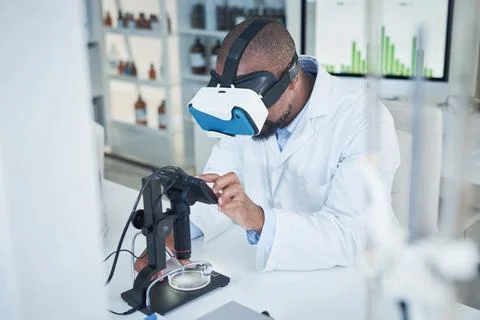 Virtual reality, science and black man with petri dish, microscope for DNA .. Stock Photos