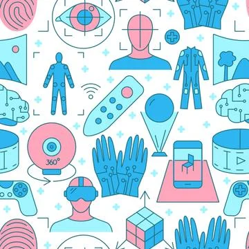 Virtual reality seamless pattern in colored line style Stock Illustration