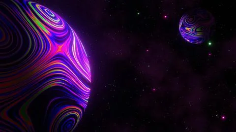 Virtual reality space with abstract multicolor psychedelic planet against sta Stock Illustration