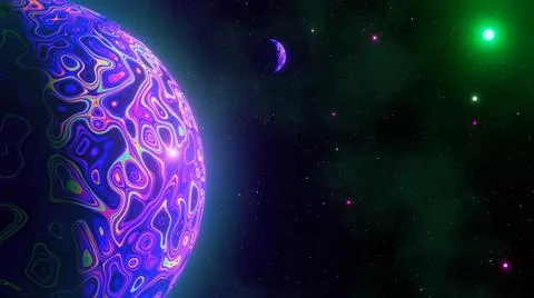 Virtual reality space with abstract multicolor psychedelic planet against sta Stock Illustration