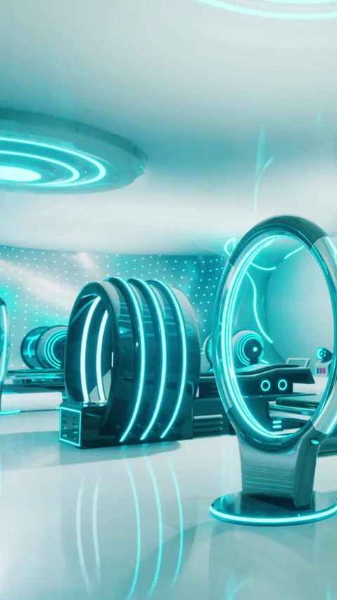Virtual reality space with glowing technology and circular designs Stock Footage 335691100