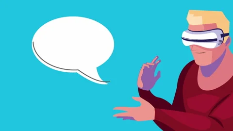 Virtual reality tech animation with blond man using mask and speech bubble Stock Footage 160519871