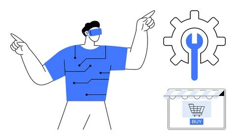 Virtual Reality Tech Enthusiast Pointing with Shopping Cart and Gear Symbol.. Illustrazione stock