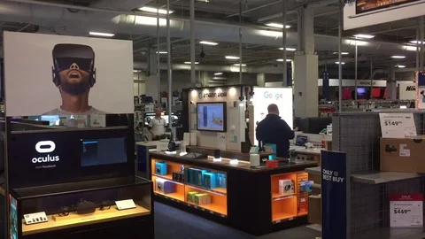 Virtual reality tech for sale inside of a store Stock Footage 84578432