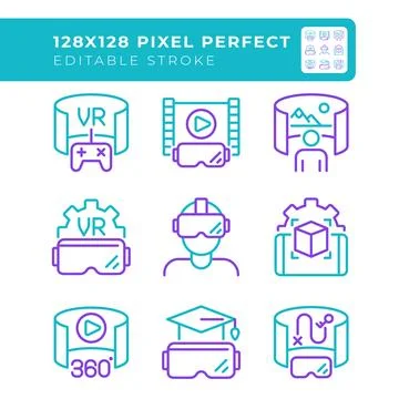 Virtual reality technology and applications two color line icons set 스톡 일러스트