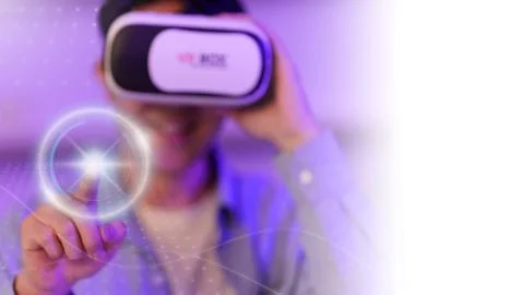 Virtual reality technology concept with man wearing VR headset and touching Stock Photos