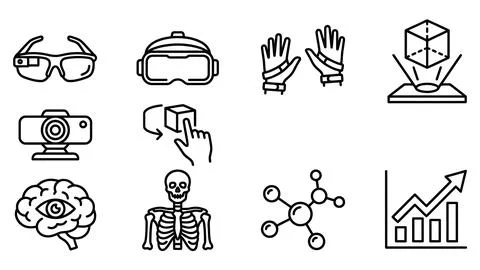 Virtual reality technology icons with augmented reality glasses, VR headset.. Stock Illustration