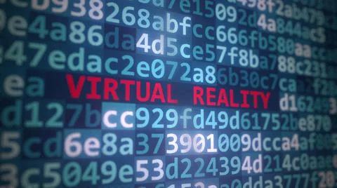 VIRTUAL REALITY text and source code on the computer monitor, 3D rendering Stock Illustration