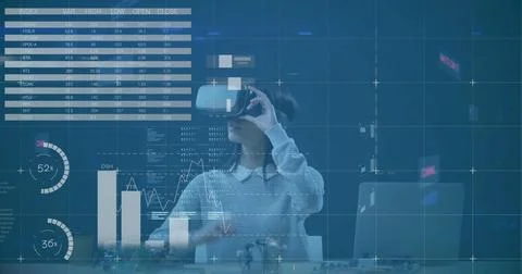 Virtual reality user interacting with data visualization image over charts Stock Photos
