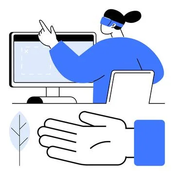 Virtual Reality User Interacting with Digital Interface and Technological E.. Stock Illustration