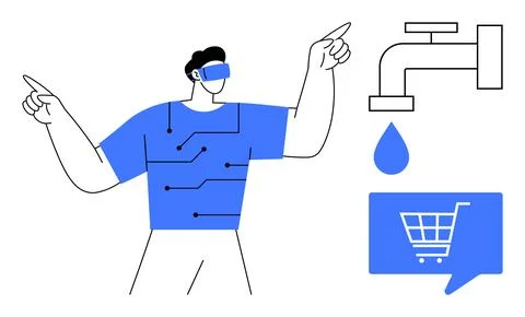 Virtual Reality User Interacting with Smart Home Systems and Online Shopping Illustrazione stock