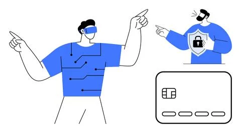 Virtual Reality User Interacting with Technology and Cybersecurity Expert D.. Illustrazione stock