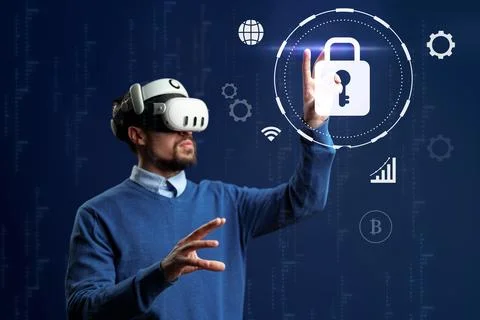 Virtual reality user interacts with digital security interface in a high-te.. 写真素材
