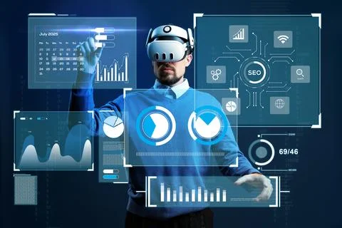 Virtual reality user interacts with immersive data visualizations in modern Stock Photos