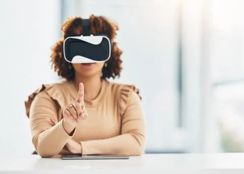Virtual reality, user interface and black woman with finger for cyber app Stock Photos