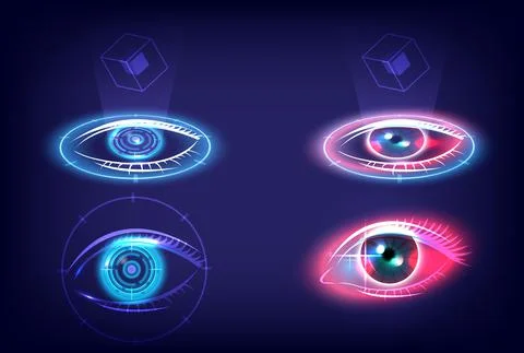 Virtual reality users. Sci-fi high-technology stage collection in glowing HUD イラスト素材