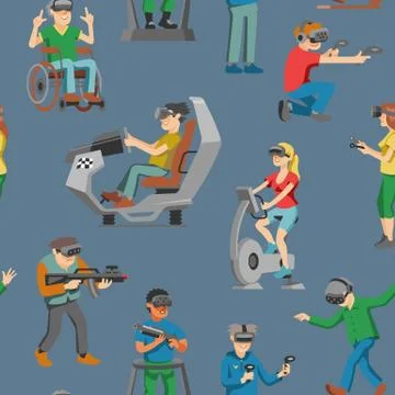 Virtual reality vector character gamer with vr glasses and person playing in Illustrazione stock