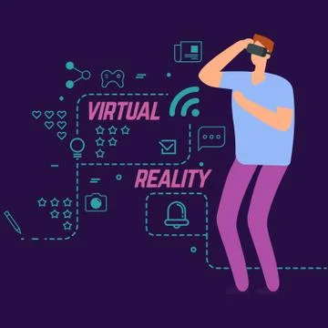 Virtual reality vector concept with line social icons and cartoon character boy Stock Illustration