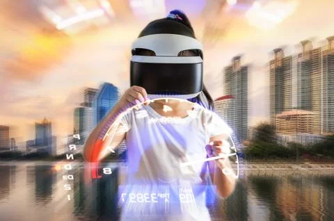 Virtual Reality, VR, Concept Illustrated by Kid Wearing VR Goggles Headset .. Stock Photos