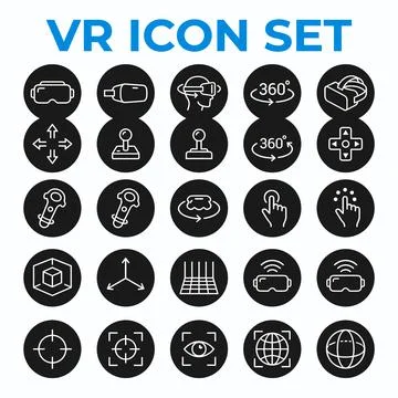 Virtual reality VR icon set with headset, joystick, 360 degree, hand gestur.. Иллюстрация