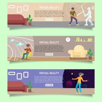 Virtual reality web banner template set, vector flat illustration Stock Illustration