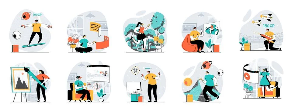 Virtual reality web concept with people scenes mega set in flat design. Bundl Illustrazione stock