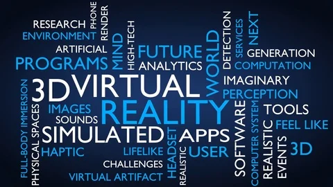 Virtual reality word tag cloud. 3D rendering, loop able, blue variant. 스톡 동영상 77077148