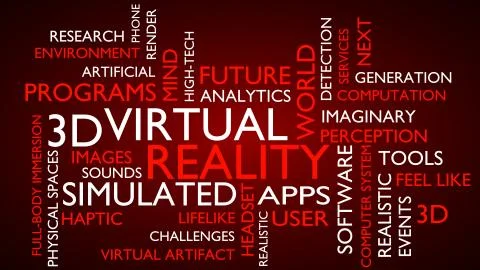 Virtual reality word tag cloud. 3D rendering, red variant. Stock Illustration