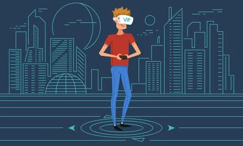 Virtual reality world. A boy wearing VR headset. Man using glasses for education 스톡 일러스트