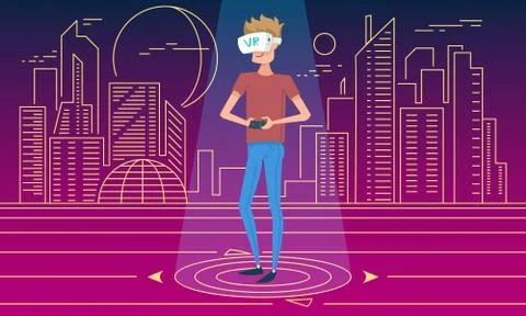 Virtual reality world. A boy wearing VR headset. Man using glasses for education Illustrazione stock
