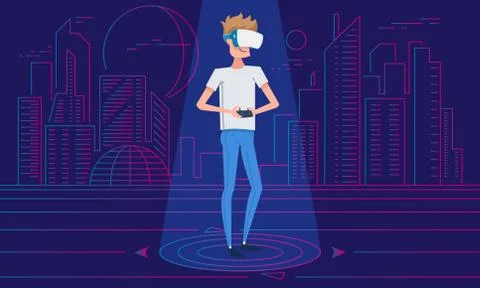 Virtual reality world. A boy wearing VR headset. Man using glasses for education Illustrazione stock
