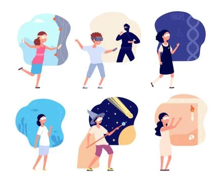 Virtual reality world. Children VR glasses, kids play and studying in augmented Stock Illustration