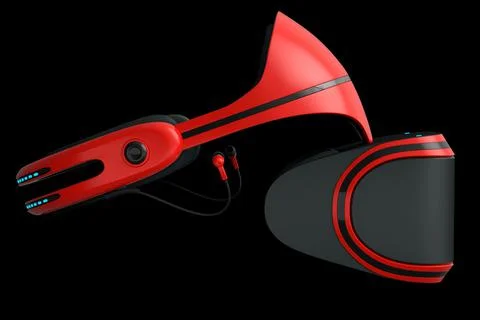 Virtual red reality glasses isolated on black background. 3d rendering Illustrazione stock