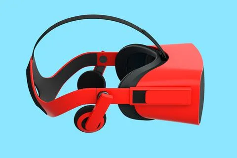 Virtual red reality glasses isolated on blue background. 3d rendering Illustrazione stock