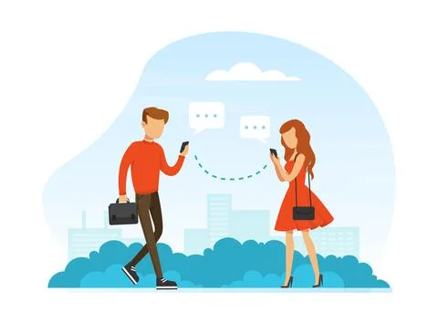 Virtual Relationships Concept, Couple Using Mobile Application for Dating and Ilustração Stock