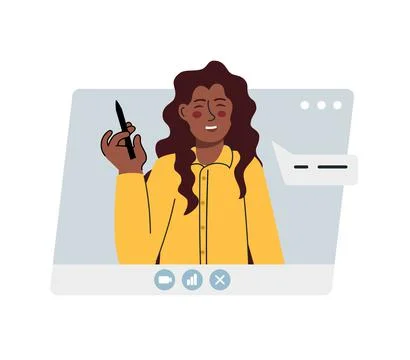 Virtual remote work. Window with a girl office colleague. Online remote video イラスト素材