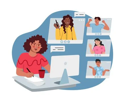 Virtual remote work. Windows with office colleagues. Online remote video conf Stock Illustration