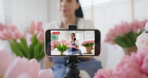 Virtual remotely sell digital SME retail business flower shop at home. 스톡 동영상 164452086