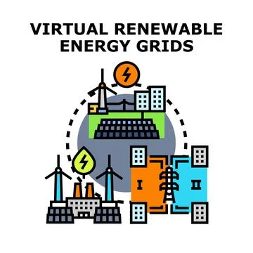 Virtual renewable energy grids connecting green power sources Ilustración de archivo