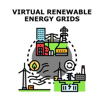 Virtual renewable energy grids connecting green power sources Stock Illustration