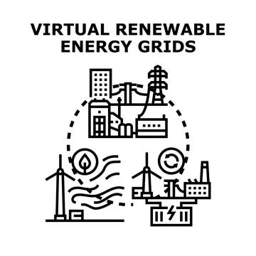 Virtual renewable energy grids connecting green power sources Stock Illustration