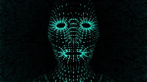 Virtual robot head moving lips formed by green dots against binary code 動画素材 249708465