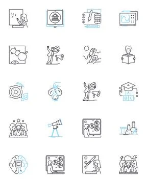 Virtual school linear icons set. Online, Virtual, E-learning, Distance, Remote Stock Illustration